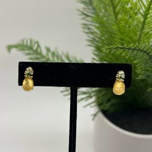 Gold Pineapple Stud Earrings with Green Crystal Studded Leaves